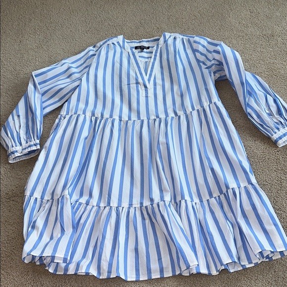 J.CREW Tiered Organic Cotton Poplin Long Sleeve Mini Dress Blue Barrie Stripe - Picture 4 of 11
